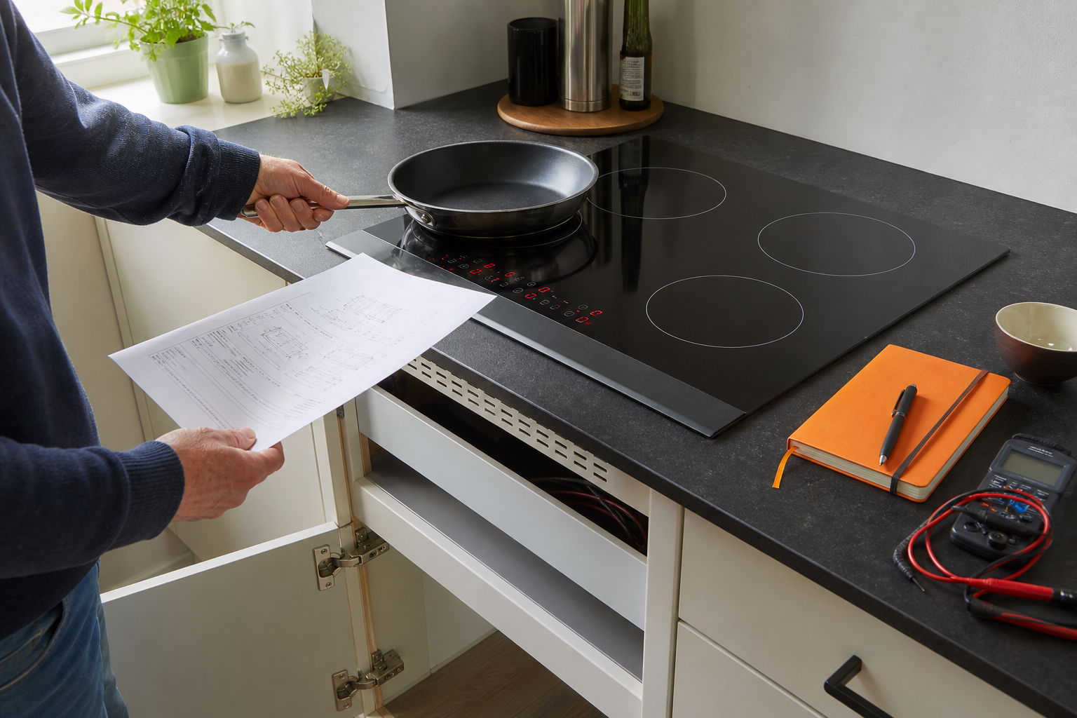 Een bewoner bekijkt een inductiekookplaat, een pan en de ruimte voor ventilatie in het keukenkastje