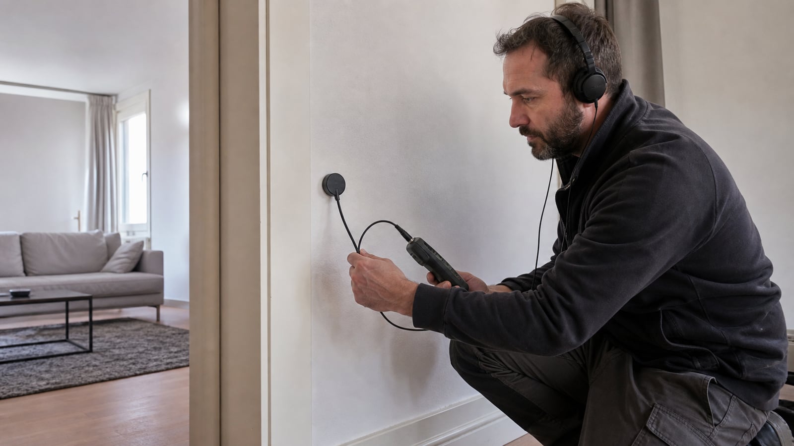 Een gedeelde wand wordt gecontroleerd met een akoestisch meetapparaat