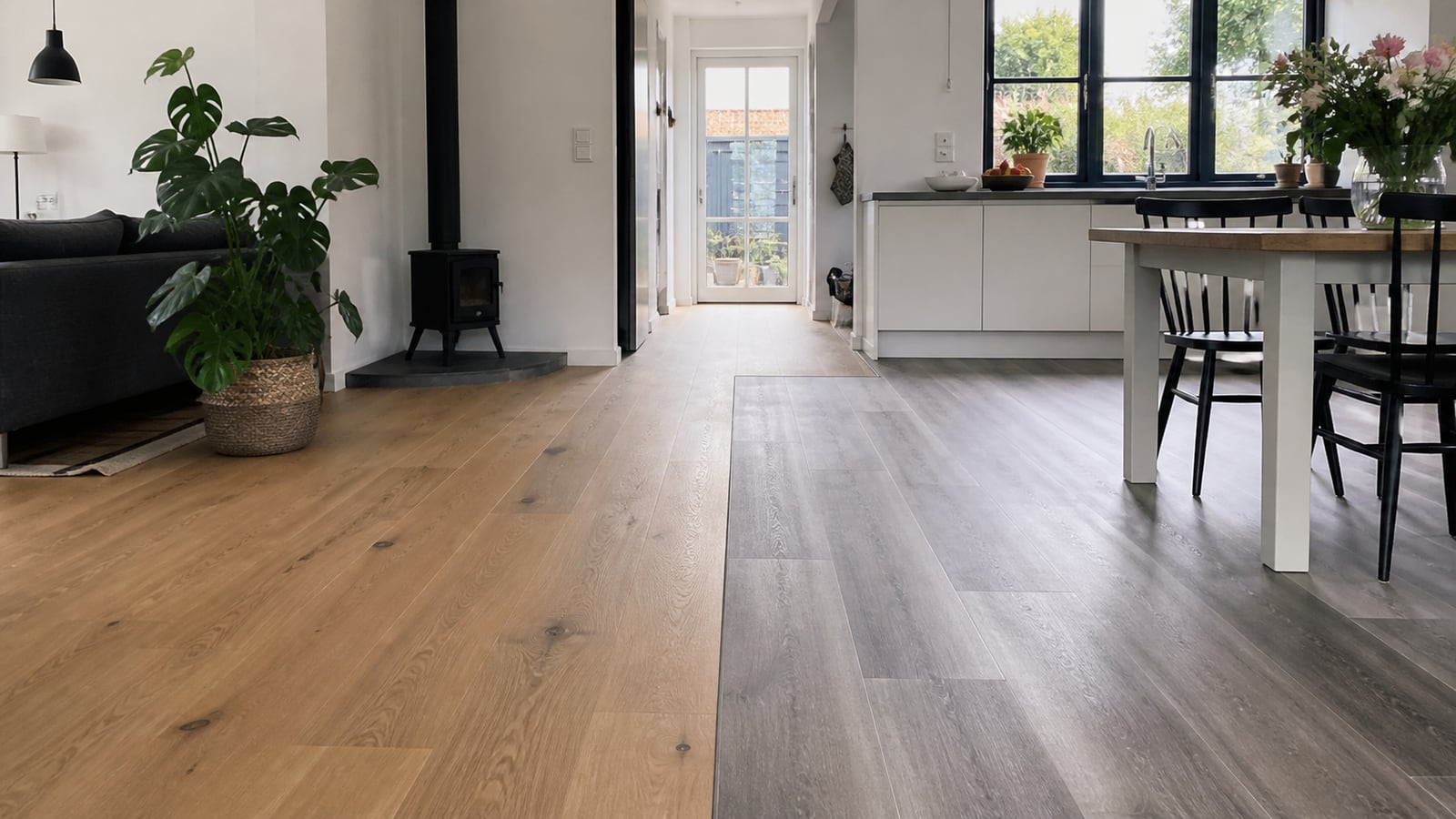 Twee vloerafwerkingen in een lichte woning: natuurlijk hout en PVC-planken