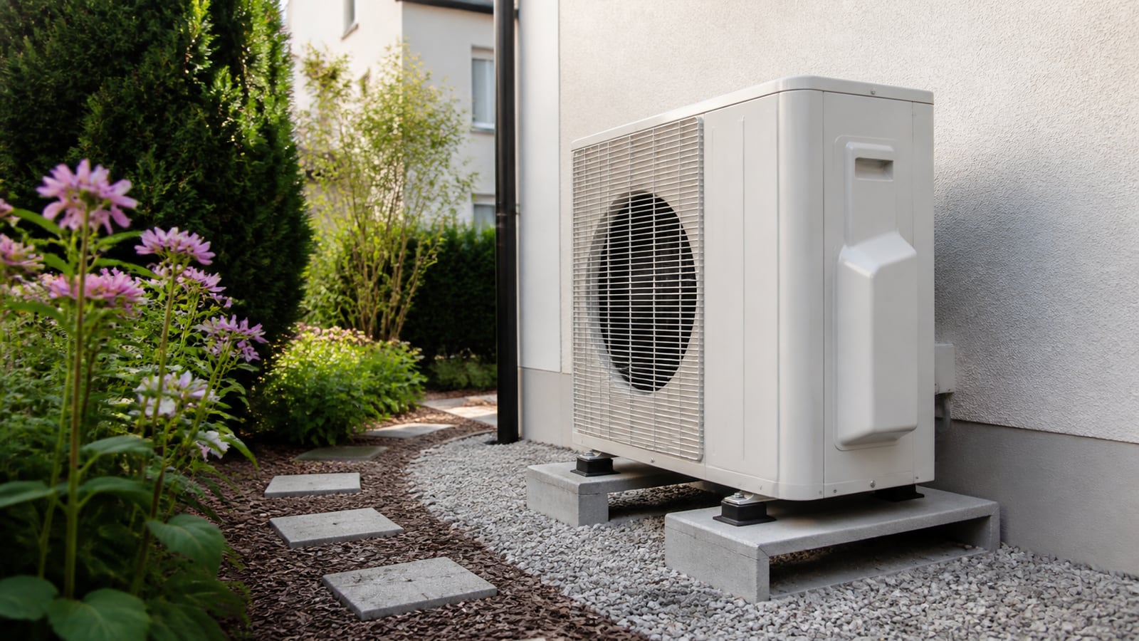 Een warmtepomp-buitenunit staat trillingsarm en met voldoende afstand van de gevel